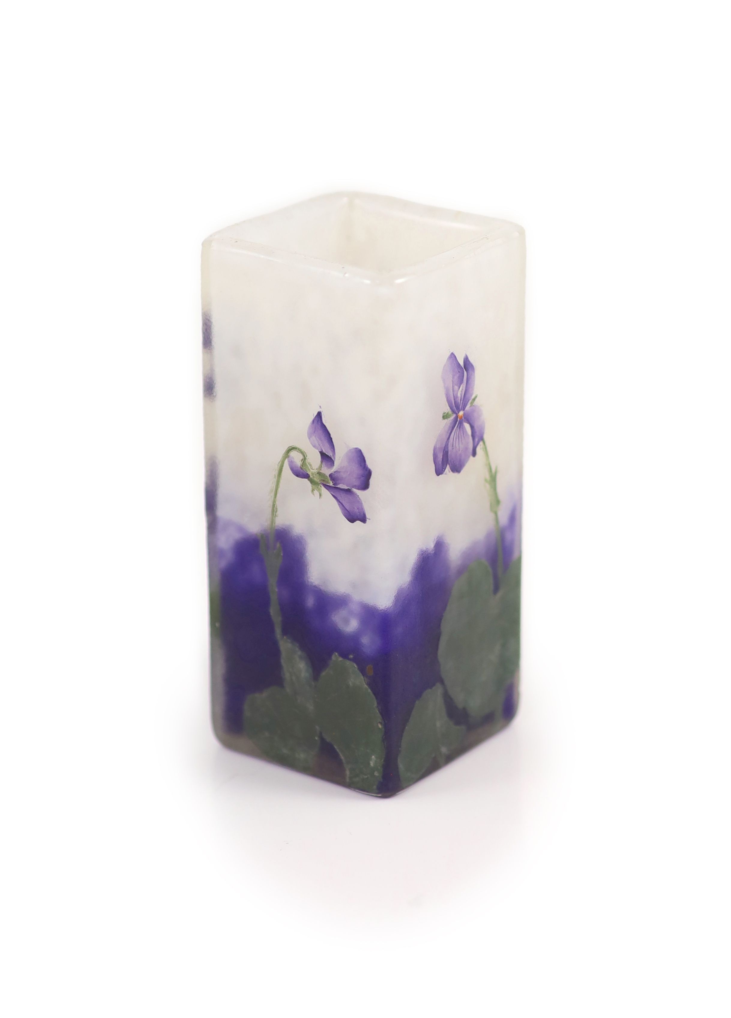 A Daum ‘Violets’ cameo glass square vase, signed ‘Daum Nancy’ with Cross of Lorraine, 12cm high